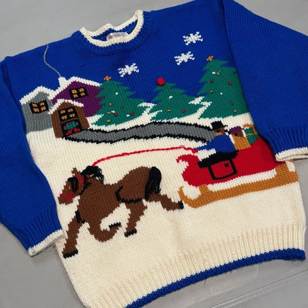 VTG 90s Y2K Women Blue Ugly Xmas Christmas Knit Sweater M Office party Snow-4348 - Picture 2 of 11